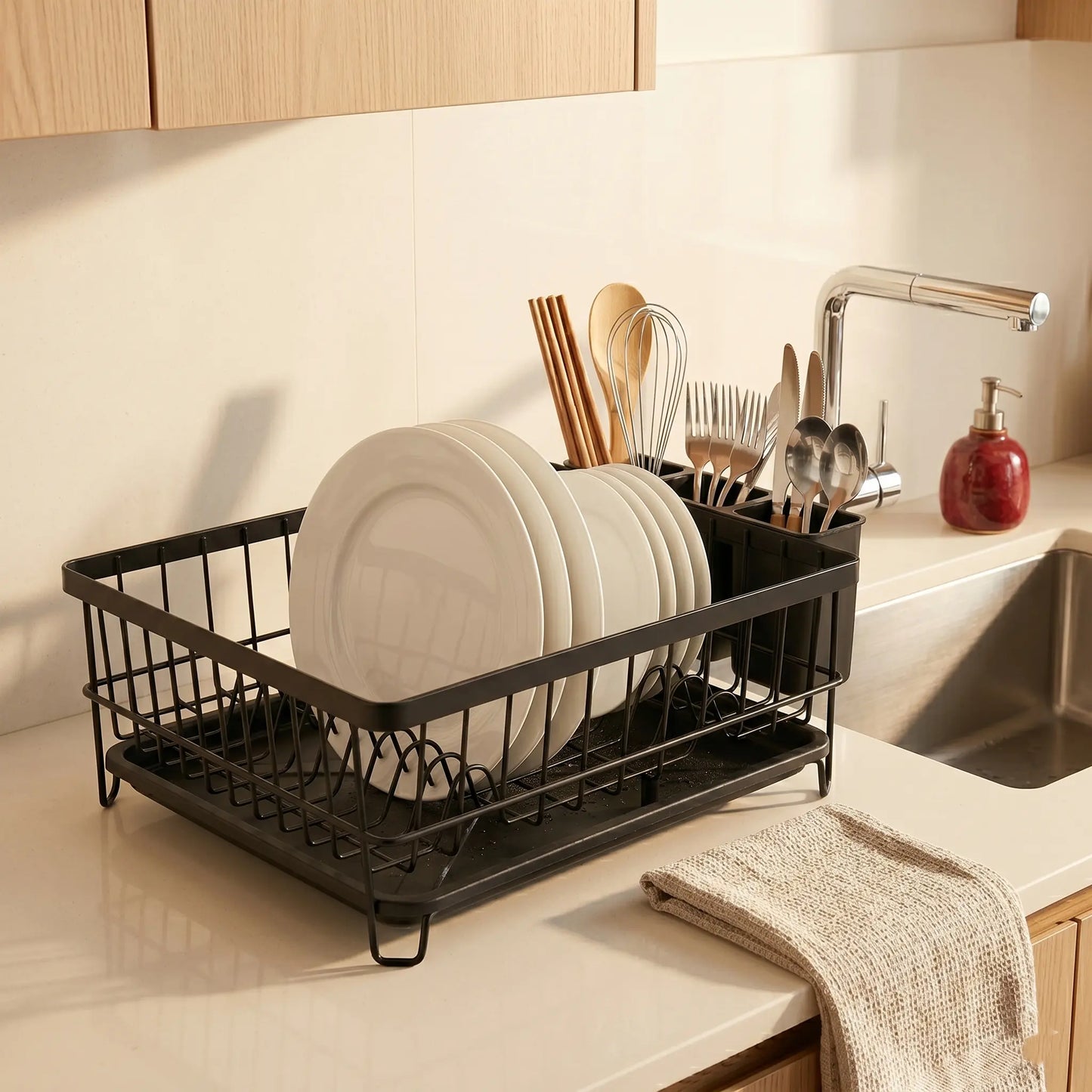 Stainless Steel Dish Drying Rack —  Large Drainer with Drip Tray & Utensil Holder