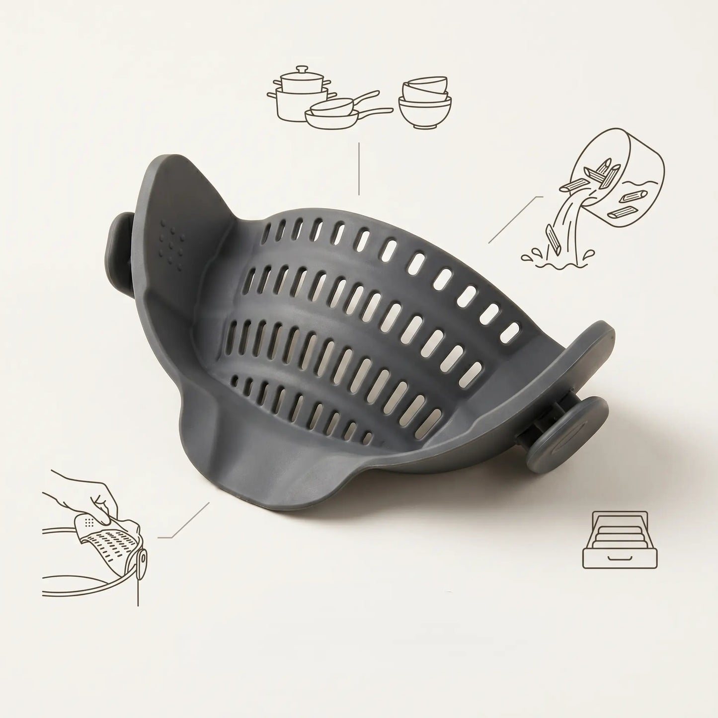 Clip-On Pasta Strainer for Pots & Pans — Adjustable Stainless Steel Pot Strainer