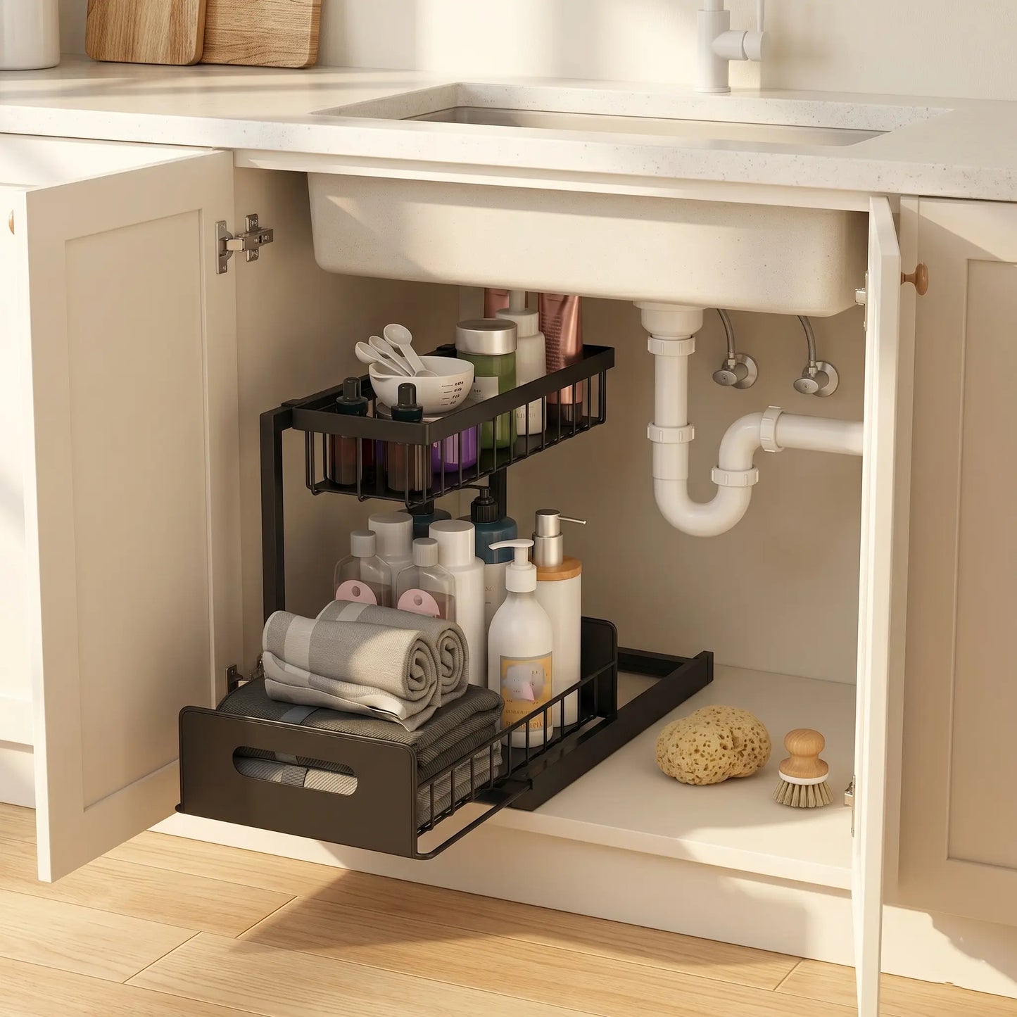 Under Sink Organizer Kitchen — Pull-Out Metal Sliding Drawer Cabinet Storage Rack