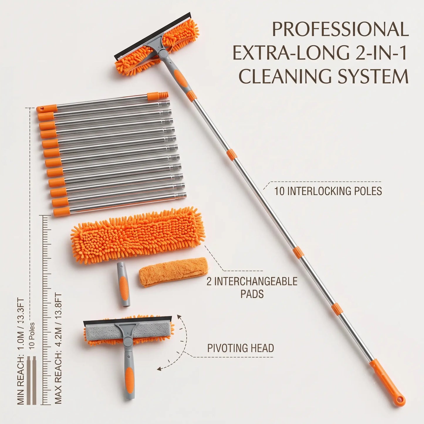 Window Washing Kit with Extension Pole — 2-in-1 Squeegee & Mop Up to 165 Inches