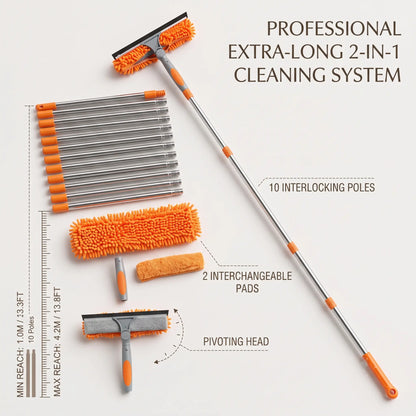 Window Washing Kit with Extension Pole — 2-in-1 Squeegee & Mop Up to 165 Inches