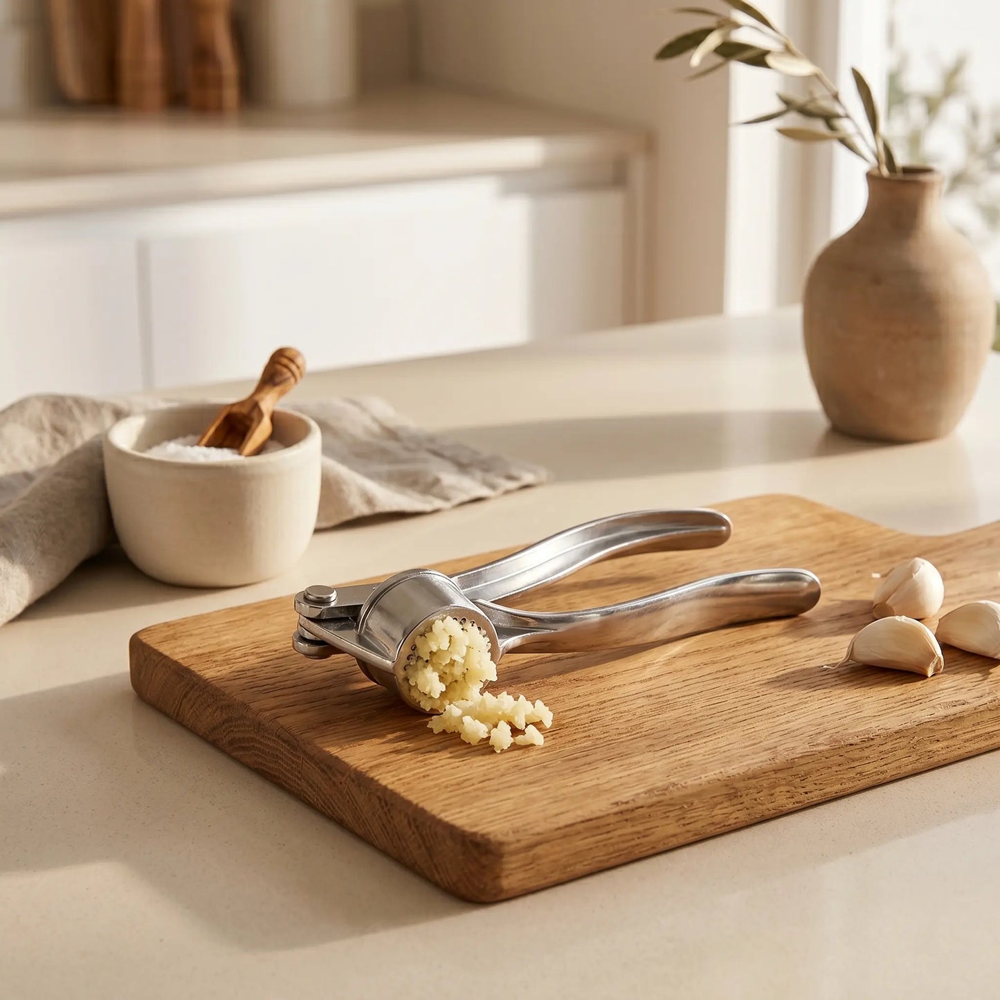 Garlic Press Stainless Steel — 3-in-1 Crush, Peel & Mince Tool
