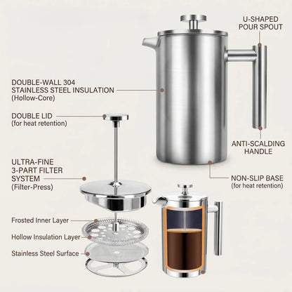 Stainless Steel French Press Coffee Maker — Double Wall Insulated 800ML