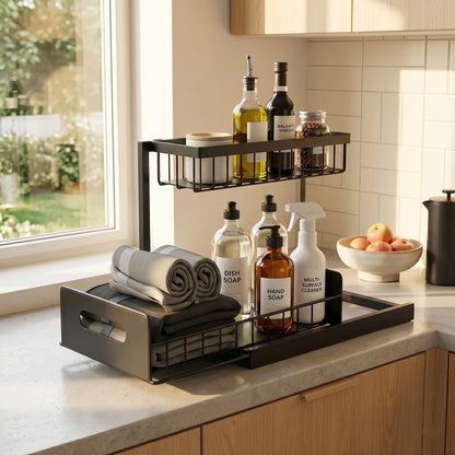 Under Sink Organizer Kitchen — Pull-Out Metal Sliding Drawer Cabinet Storage Rack