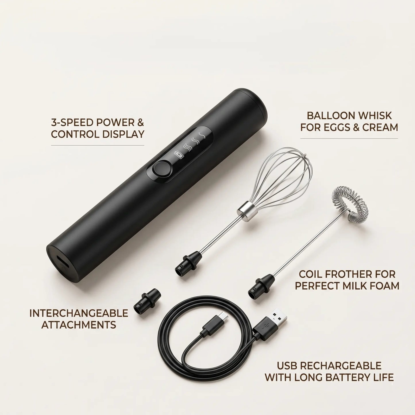 Electric Handheld Mixer & Milk Frother —  3-Speed USB Rechargeable Wireless Whisk