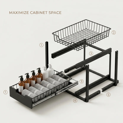 Under Sink Organizer Kitchen — Pull-Out Metal Sliding Drawer Cabinet Storage Rack