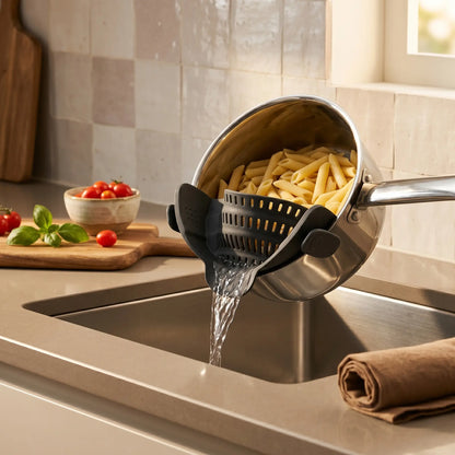 Clip-On Pasta Strainer for Pots & Pans — Adjustable Stainless Steel Pot Strainer