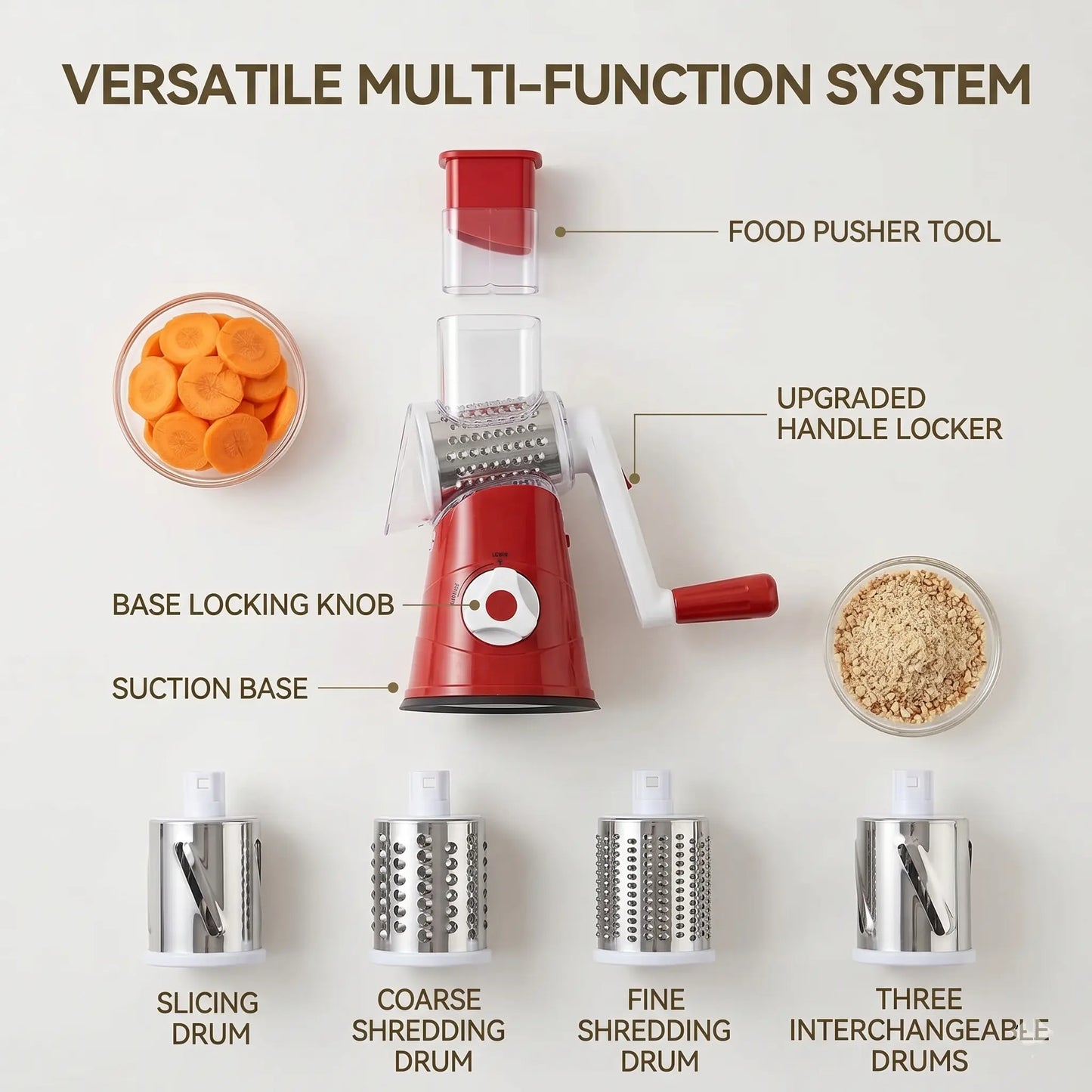 Cheese Grater Hand Crank — 3-in-1 Rotary Shredder & Slicer