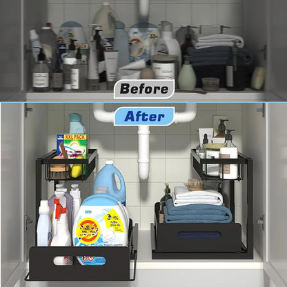 Under Sink Organizer Kitchen — Pull-Out Metal Sliding Drawer Cabinet Storage Rack