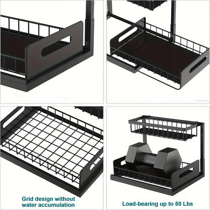 Under Sink Organizer Kitchen — Pull-Out Metal Sliding Drawer Cabinet Storage Rack